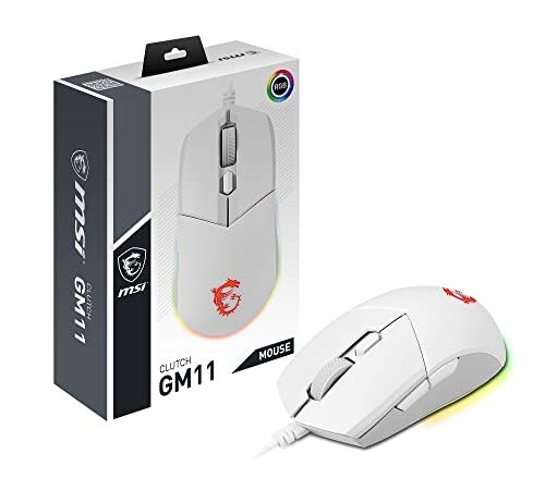 MSI CLUTCH GM11 WHITE Gaming Mouse - Sensor Óptico 5000 DPI, Diseño Simétrico, Interruptores OMRON con Resistencia de 10M+ de Clics, 6-Botones, Latencia 1ms, RGB Mystic Light, 89g - Ratón Cableado