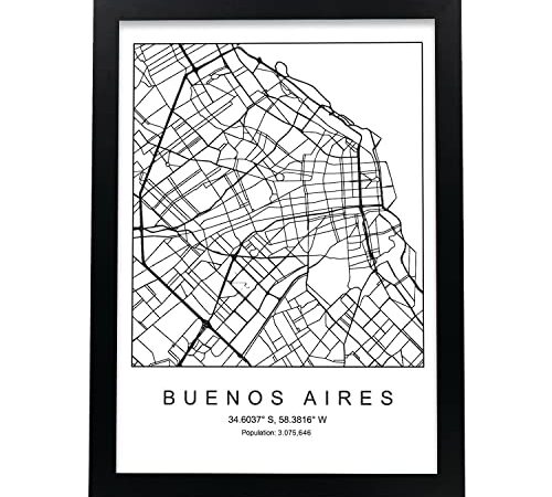 Nacnic Lámina Mapa de la Ciudad Buenos Aires Estilo nordico en Blanco y Negro. Poster tamaño A3 Sin Marco Impreso Papel 250 gr. Cuadros, láminas y Posters para Salon y Dormitorio