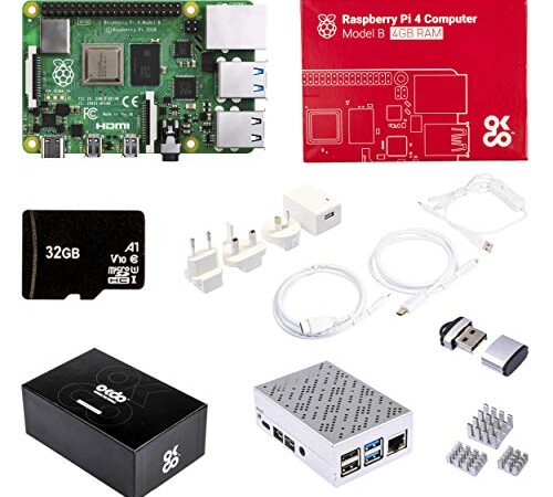 OKdo Raspberry Pi 4 4GB Starter Kit - RPI 4 Modelo B 4GB con Micro SD de 32GB, Cable USB C, Alimentador, 2 Cables HDMI, 3 Heat Sinks y Case con Ventilador