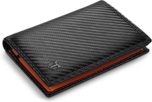 TEEHON Cartera Hombre, Cartera Vertical Cuero de Fibra de Carbono, con RIFD Protección, 13 Ranuras para Tarjetas, con Cremallera, Regalo para Hombre de Navidad, Cumpleaños(Negro y Naranja)