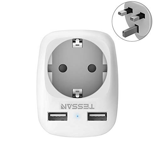 TESSAN Adaptador Enchufe Ingles UK Inglaterra Adaptador de Viaje con 2 USB (2.4A), Español 2 Patas Europa hacia 3 Patas Reino Unido RU para Irlanda Escocia Britanico Maldivas（Tipo G） Blanco